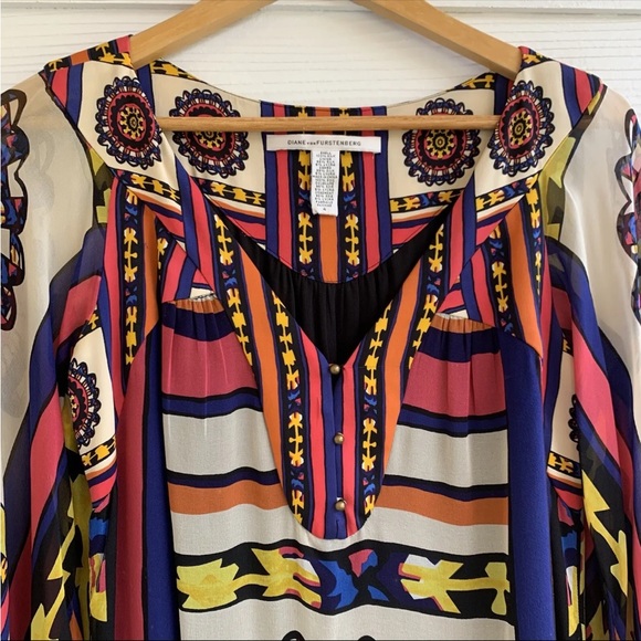 Diane von Furstenberg Silk shift mini dress size 4 bell sleeves multicolor - Picture 3 of 11